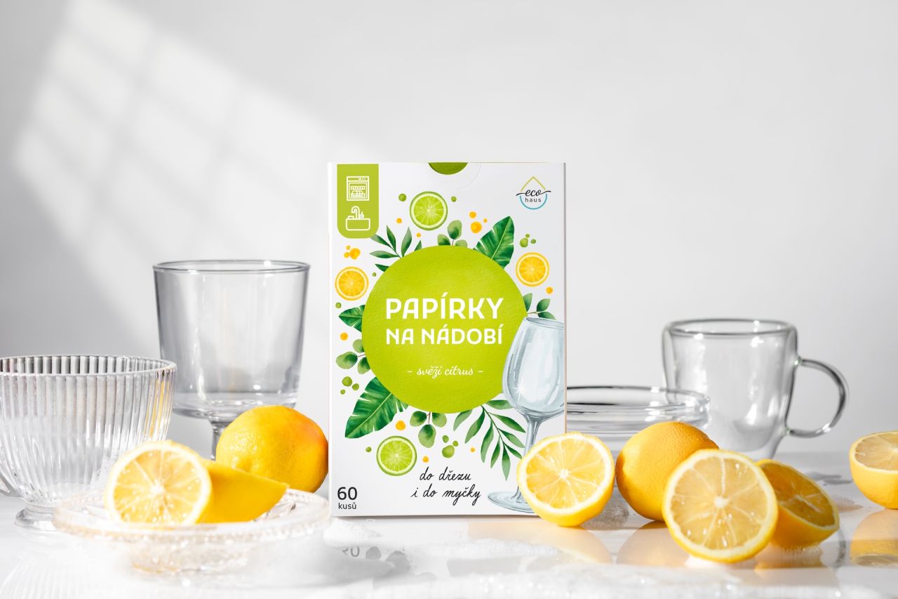 Ekologické mytí nádobí: papírky EcoHaus bez chemie a mikroplastů