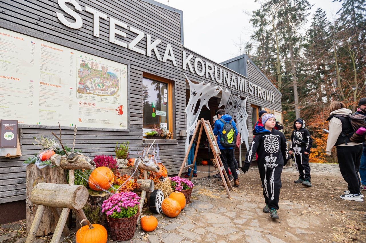 Halloween na Stezce korunami stromů. Podzimní les ožije strašidly